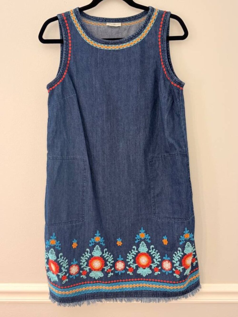 J.Jill Women’s Embroidered Denim Dress Sleeveless Size L Boho Floral 100% Cotton